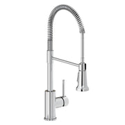 Chrome kitchen faucet with tall flexible spout and single lever handle mounted on base.