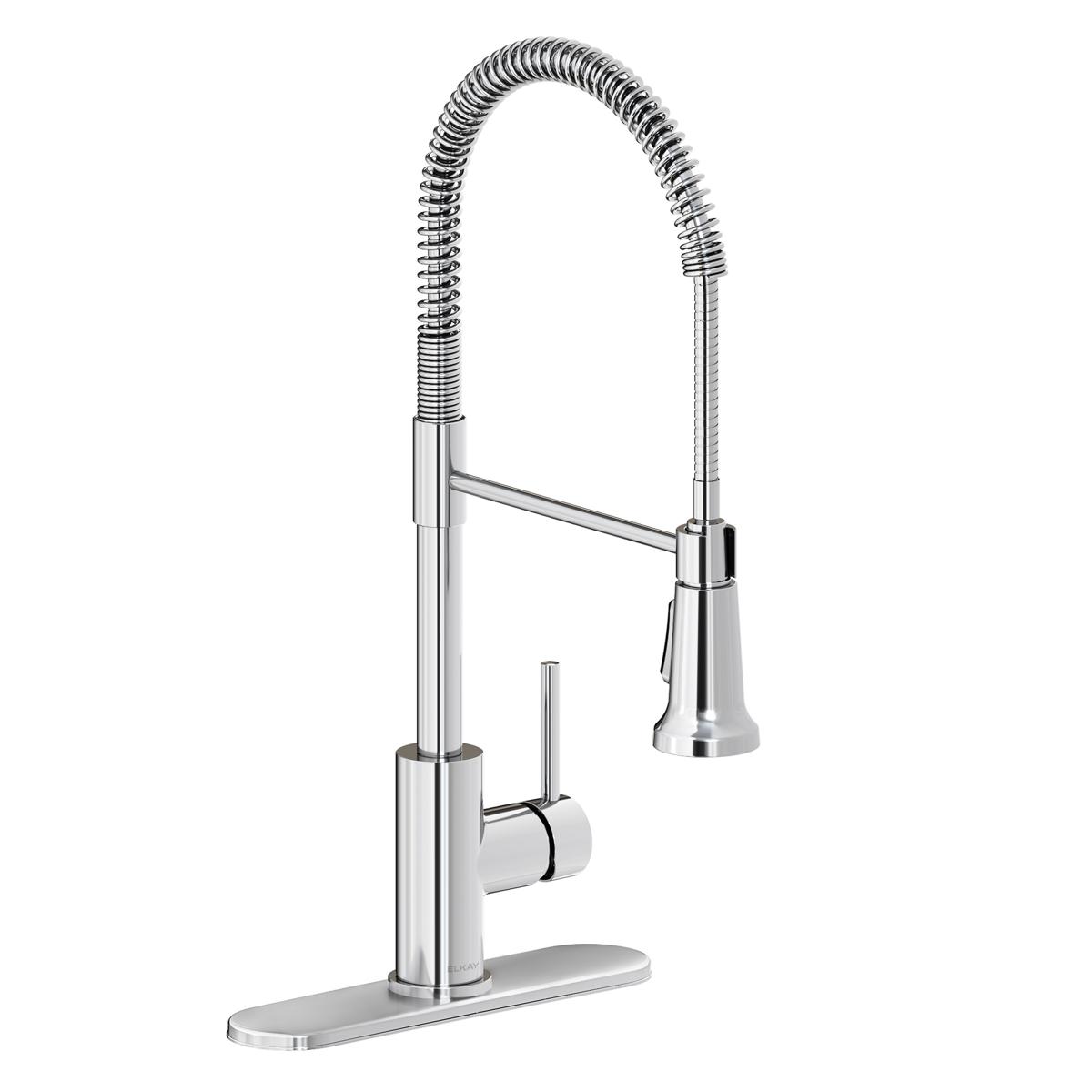 Chrome kitchen faucet with pull-down spray hose, lever handle, and rectangular base plate.