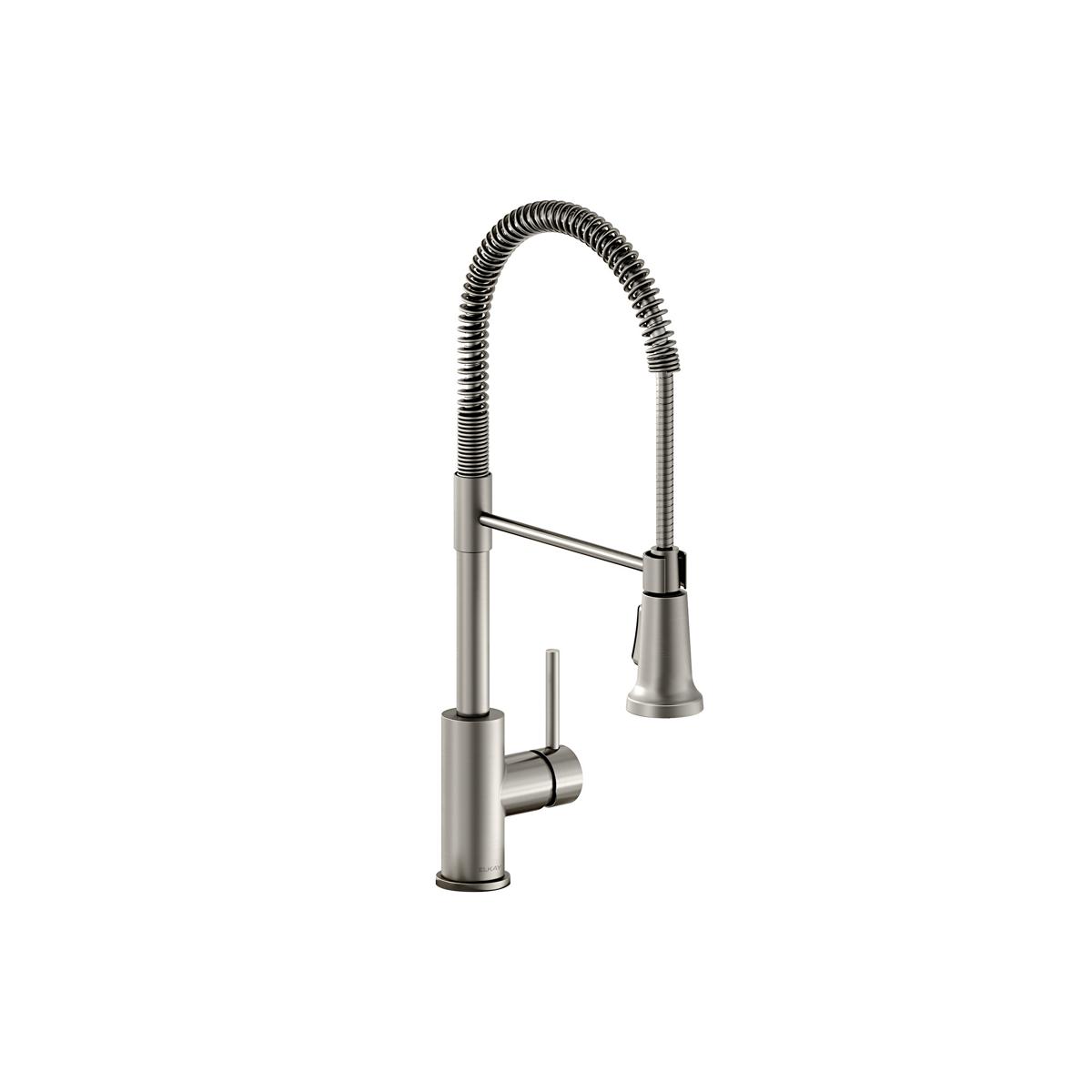 Lustrous steel kitchen faucet with curved semi-professional spout, lever handle, and coiled hose spray.