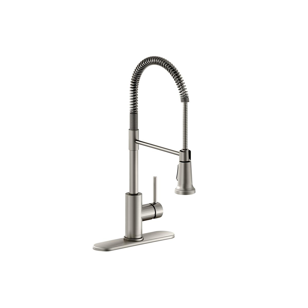 Lustrous steel kitchen faucet with single-hole mount, flexible hose spout, and side lever handle.