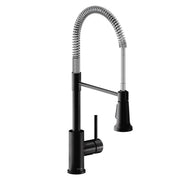 Matte black and chrome kitchen faucet with single-hole mount, lever handle, and flexible hose spout.