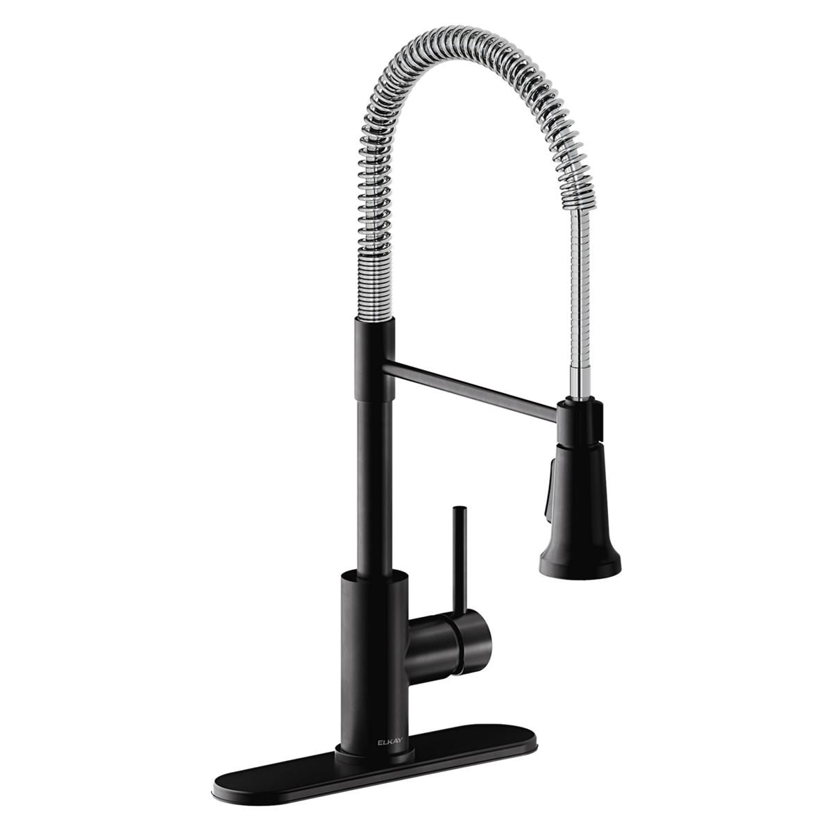 Matte black kitchen faucet with chrome flexible spout, lever handle, and base plate.