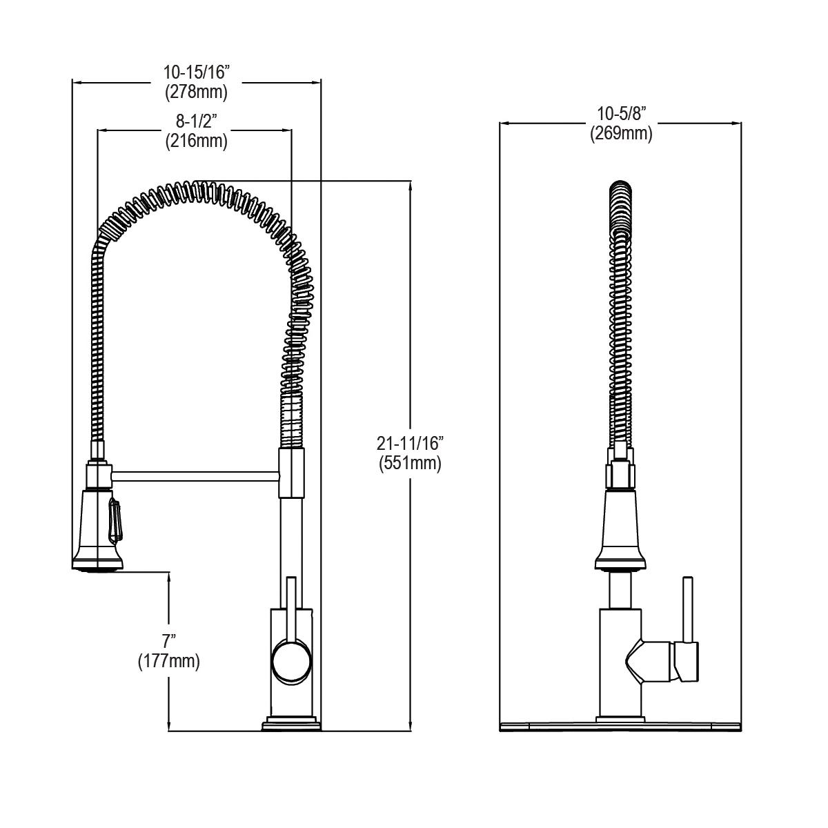 Chrome single-hole kitchen faucet with semi-professional pull-down spout and lever handle, shown with dimension specification