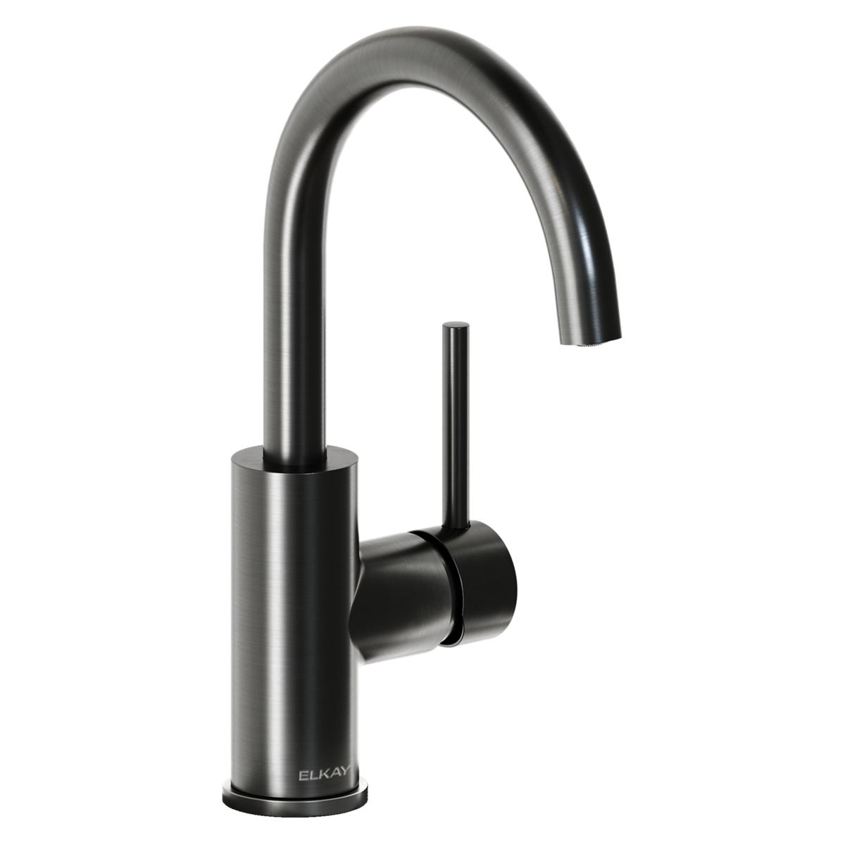 Black stainless steel bar faucet with curved spout and single lever handle on cylindrical base.