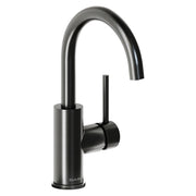 Black stainless steel bar faucet with curved spout and single lever handle on cylindrical base.