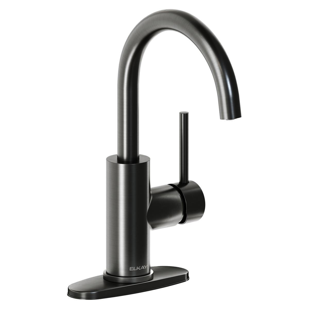 Black stainless steel bar faucet with curved spout and single lever handle on base plate.