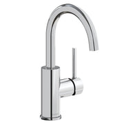 Chrome bar faucet with curved spout and cylindrical lever handle mounted on single hole base.