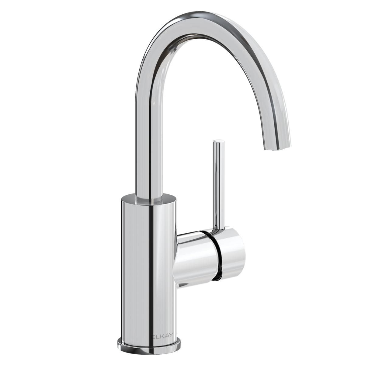 Chrome bar faucet with curved spout and cylindrical lever handle mounted on single hole base.