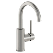 Lustrous steel bar faucet with curved spout and single lever handle on cylindrical base.