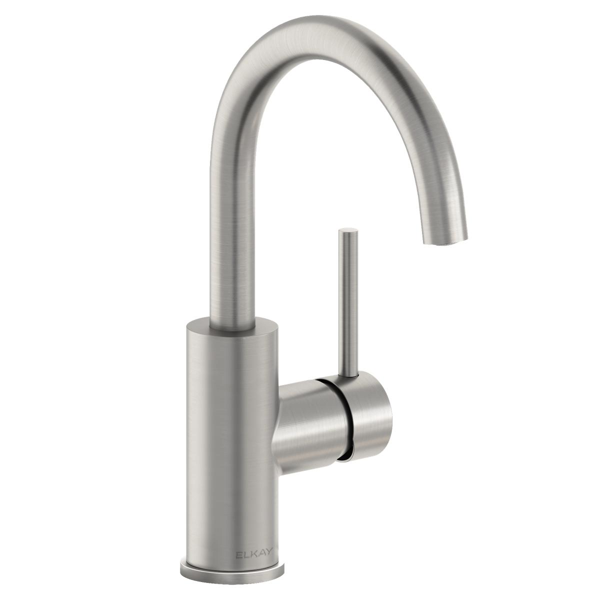 Lustrous steel bar faucet with curved spout and single lever handle on cylindrical base.