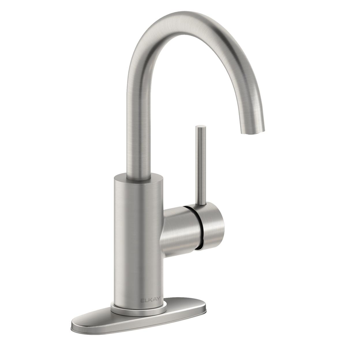 Lustrous steel bar faucet with curved spout, single lever handle, and oval base plate.