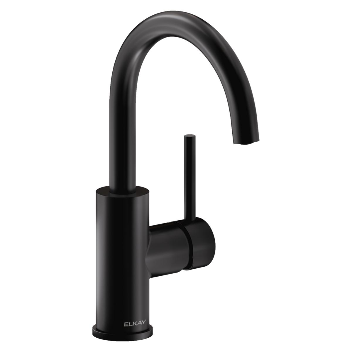 Matte black single-hole bar faucet with curved spout and cylindrical lever handle.