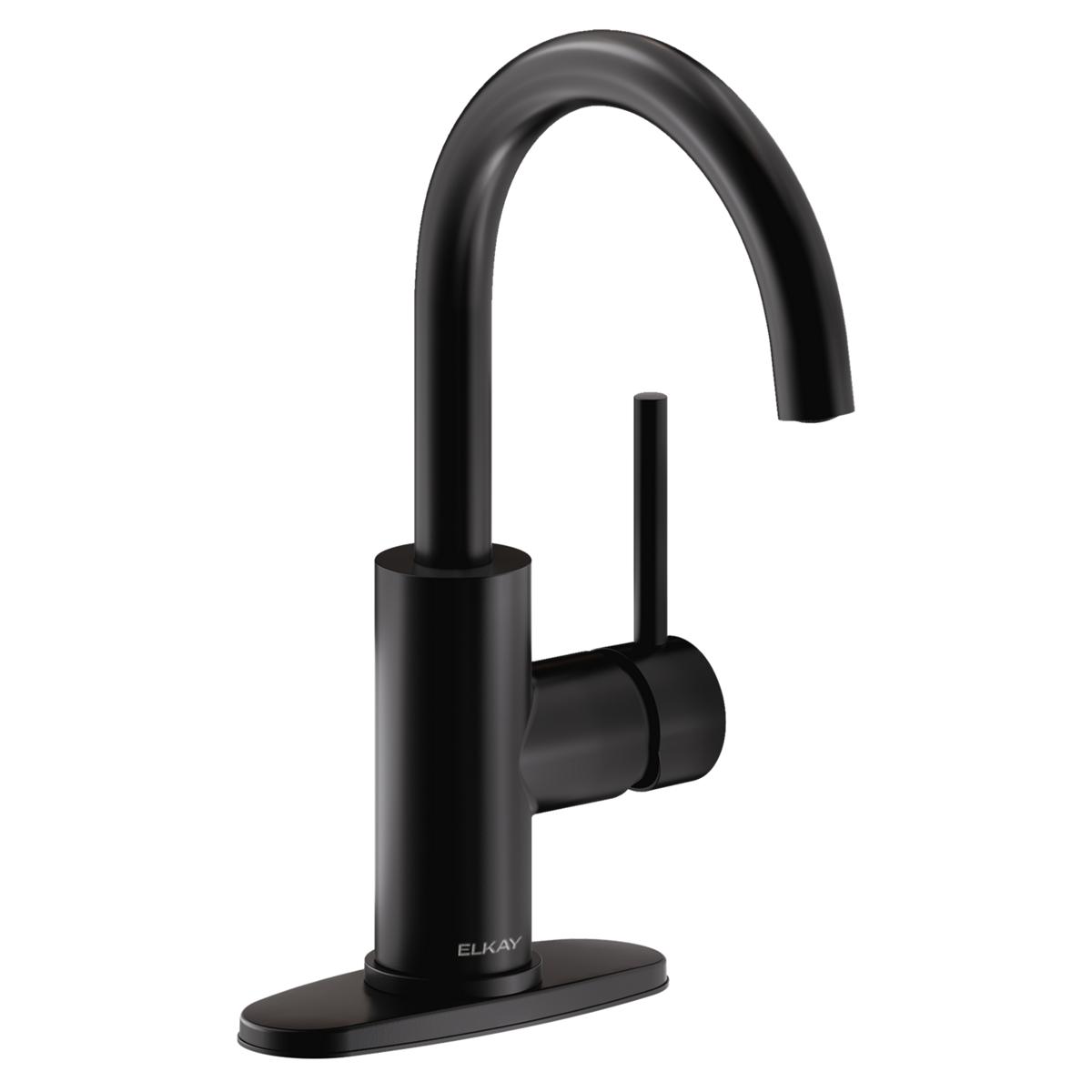 Matte black single-hole bar faucet with curved spout and lever handle on rectangular base.