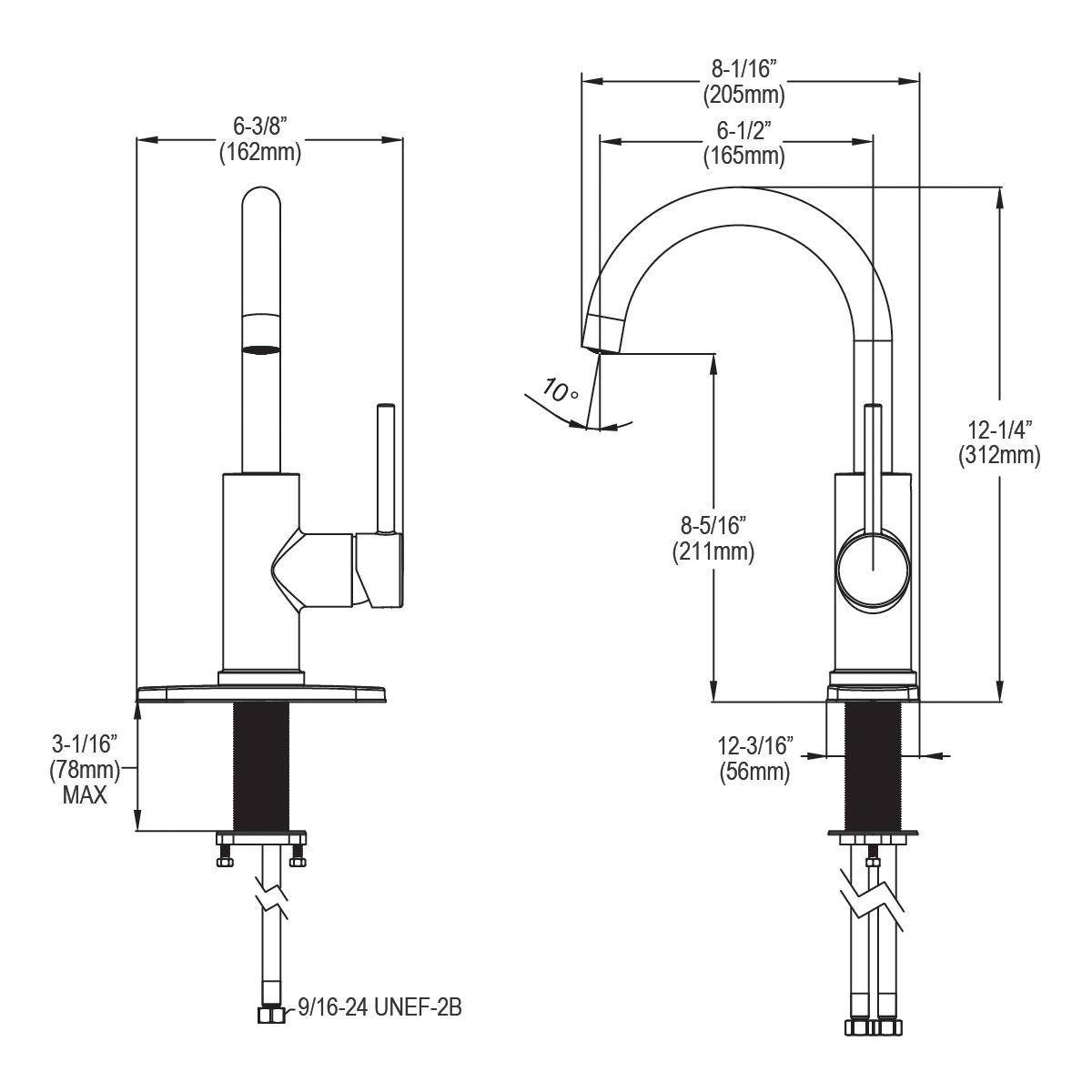 Matte black single-hole bar faucet with tall curved spout, lever handle, and dimension specifications for installation.