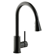 Black stainless steel single-hole kitchen faucet with arched spout, pull-down spray head, and forward lever handle.