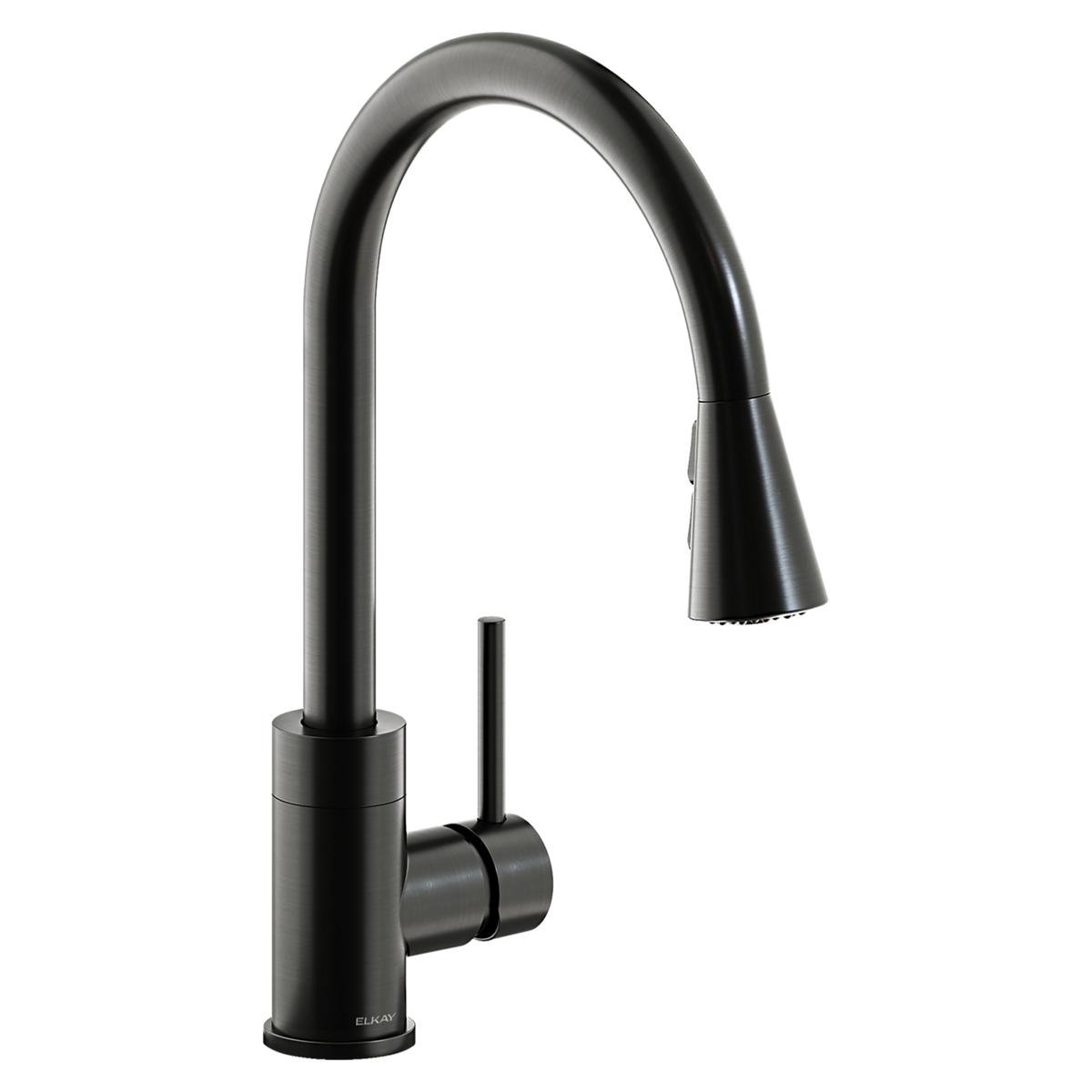 Black stainless steel single-hole kitchen faucet with arched spout, pull-down spray head, and forward lever handle.
