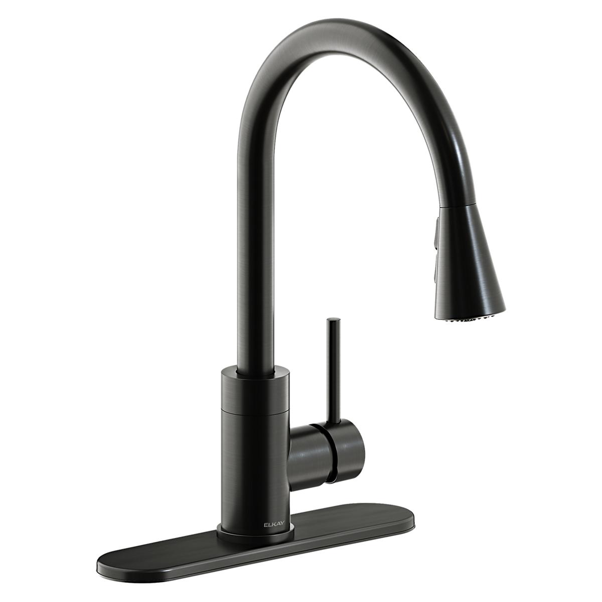 Black stainless steel kitchen faucet with curved spout, pull-down spray head, and single forward lever handle on rectangular 