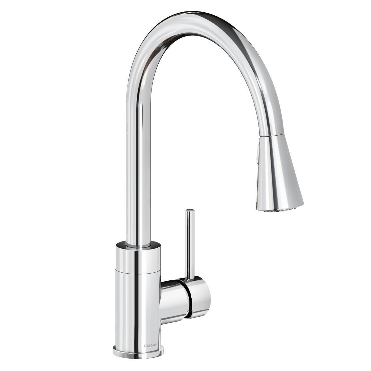 Chrome kitchen faucet with curved spout, pull-down spray head, and single lever handle.
