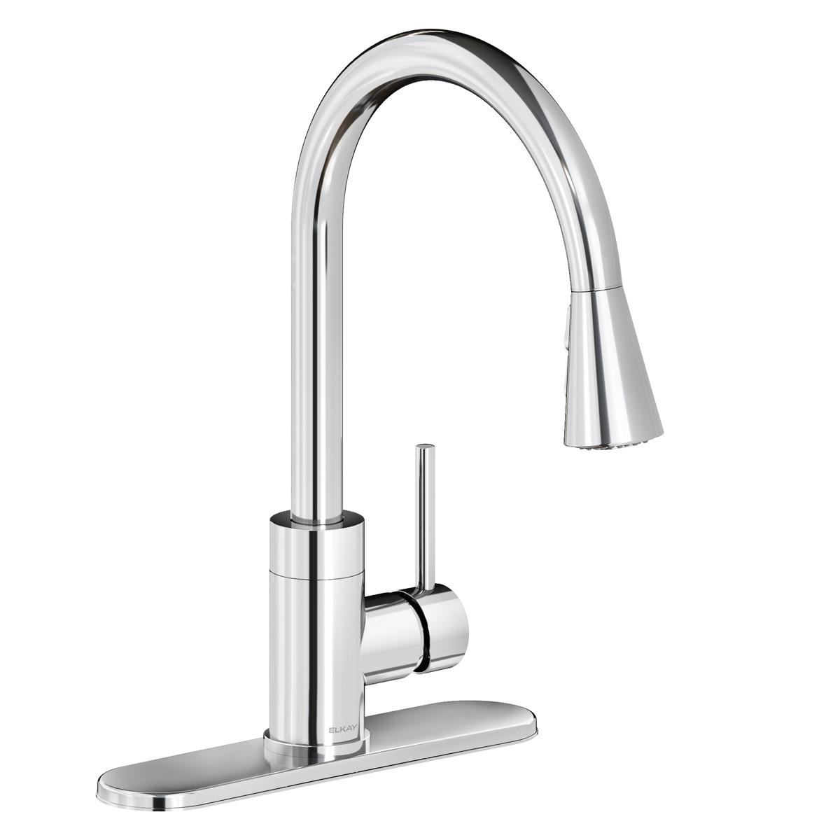 Chrome kitchen faucet with curved spout, pull-down spray head, and single lever handle mounted on deck plate.