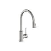 Lustrous steel kitchen faucet with curved spout, pull-down spray head, and single lever handle.