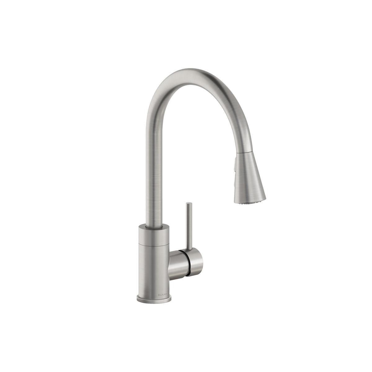 Lustrous steel kitchen faucet with curved spout, pull-down spray head, and single lever handle.