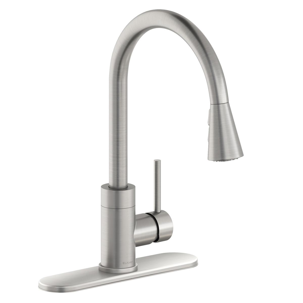 Lustrous steel kitchen faucet with curved pull-down spray head and forward lever handle on rectangular base plate.