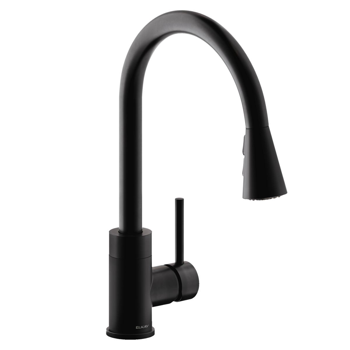 Matte black kitchen faucet with curved spout, pull-down spray head, and forward lever handle.