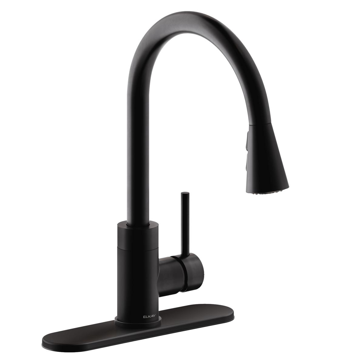 Matte black kitchen faucet with curved spout, pull-down spray head, and forward-only lever handle on rectangular base.