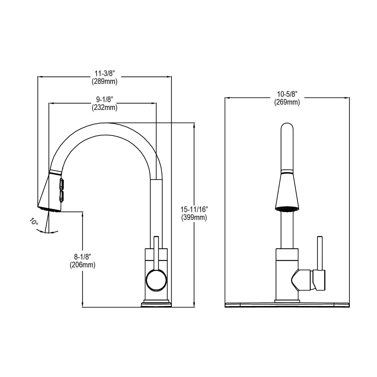 Black stainless kitchen faucet with tall curved spout, pull-down spray head, and forward lever handle shown in technical dime