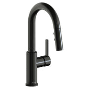 Black stainless steel bar faucet with curved spout, pull-down spray head, and single lever handle.
