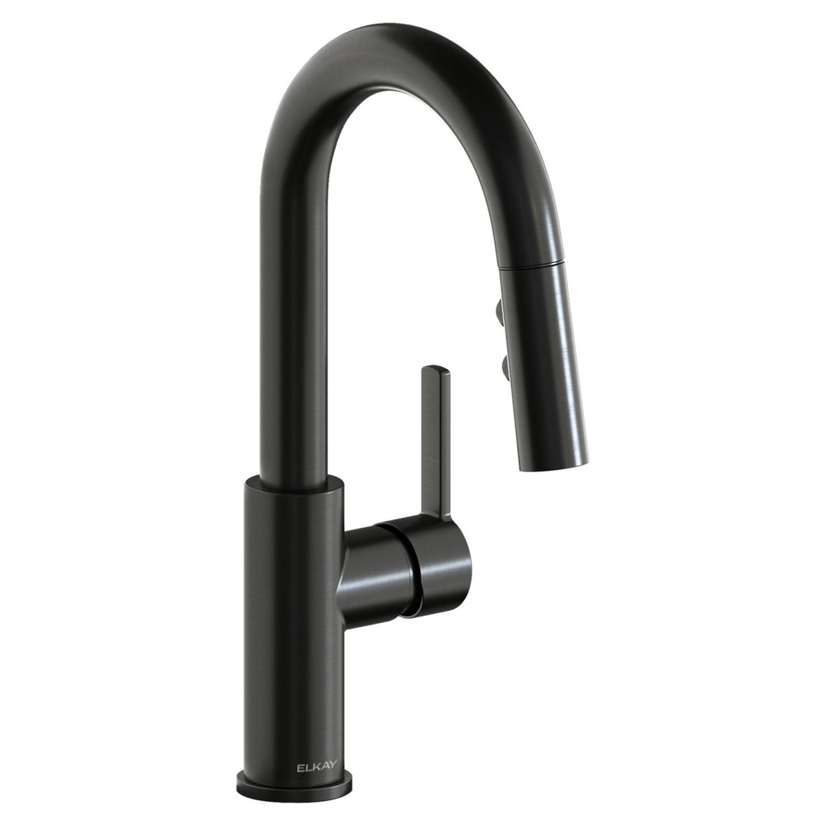 Black stainless steel bar faucet with curved spout, pull-down spray head, and single lever handle.