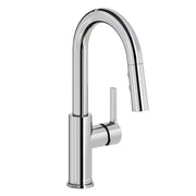 Chrome bar faucet with curved pull-down spout and single lever handle.