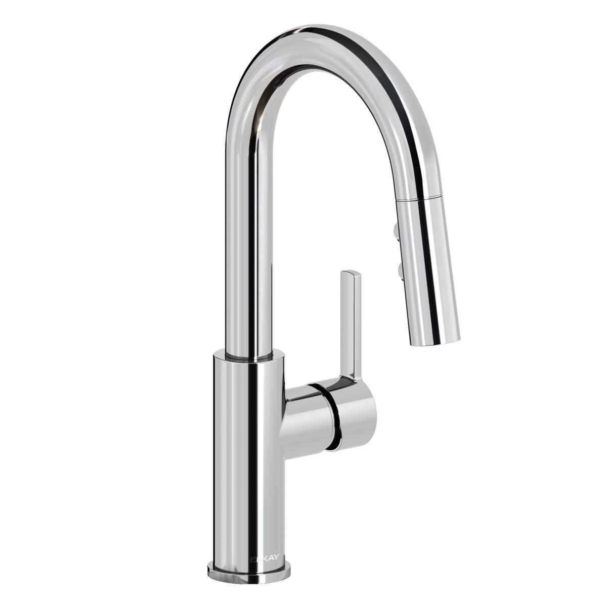 Chrome bar faucet with curved pull-down spout and single lever handle.