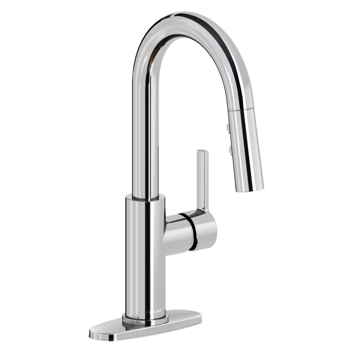 Chrome bar faucet with curved pull-down spray spout and single lever handle on rectangular base.