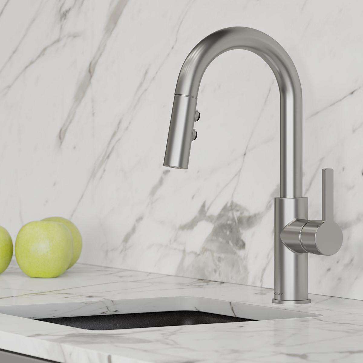 Lustrous steel bar faucet with curved spout, pull-down spray, and lever handle installed on marble countertop.
