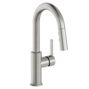Lustrous steel single-hole bar faucet with curved spout, pull-down spray nozzle, and lever handle.