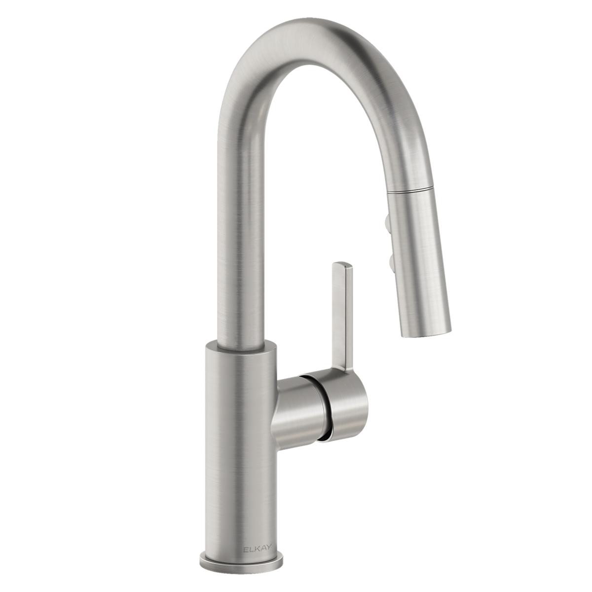 Lustrous steel single-hole bar faucet with curved spout, pull-down spray nozzle, and lever handle.