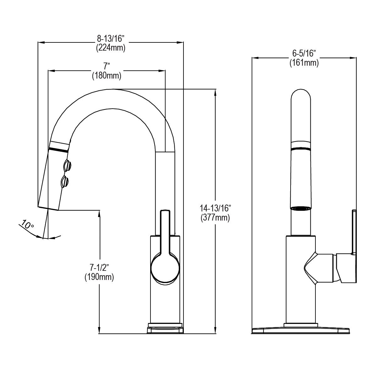 Black stainless steel bar faucet with curved pull-down spray spout and lever handle, shown in front and side technical views 