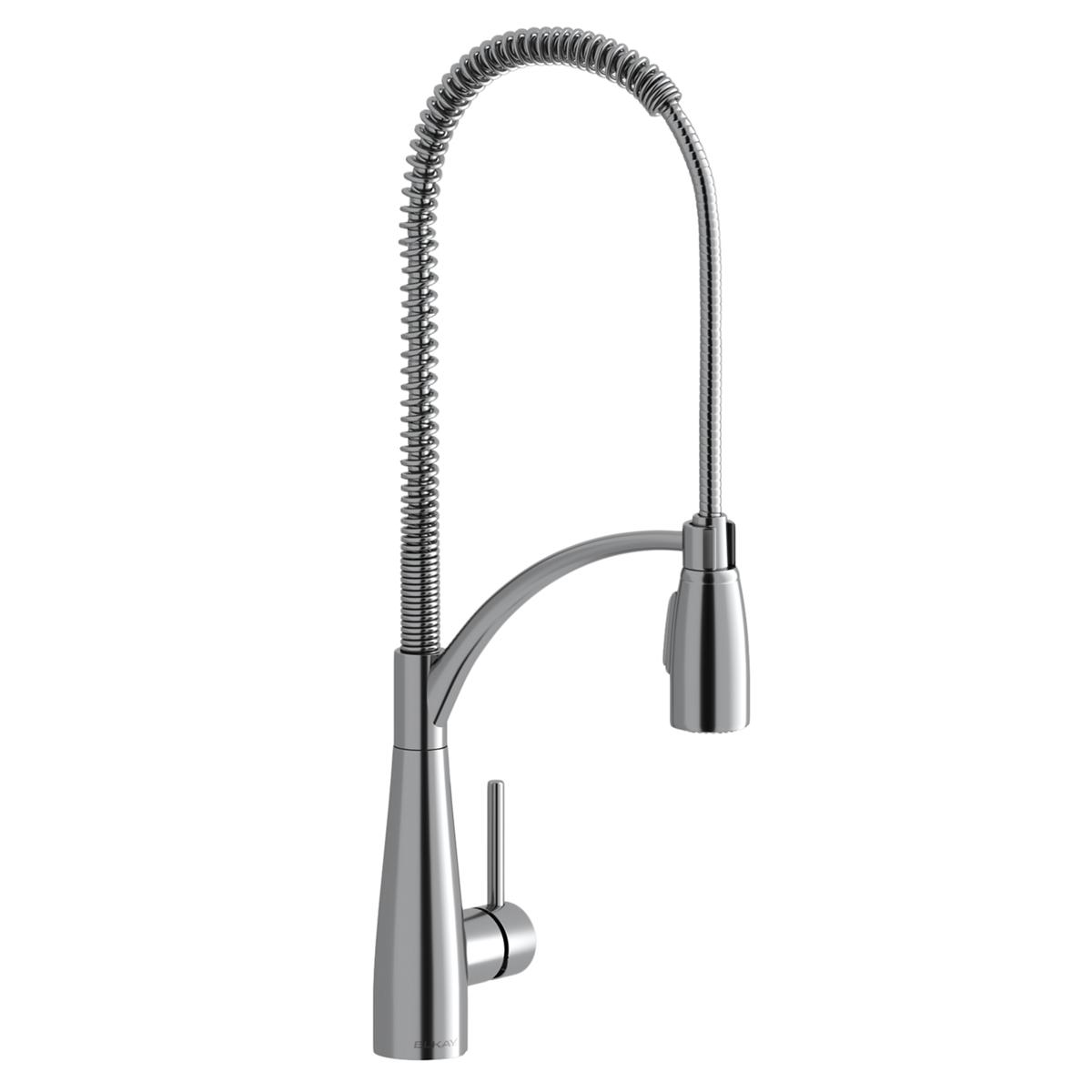 Chrome kitchen faucet with curved spout, coiled hose, and single lever handle.