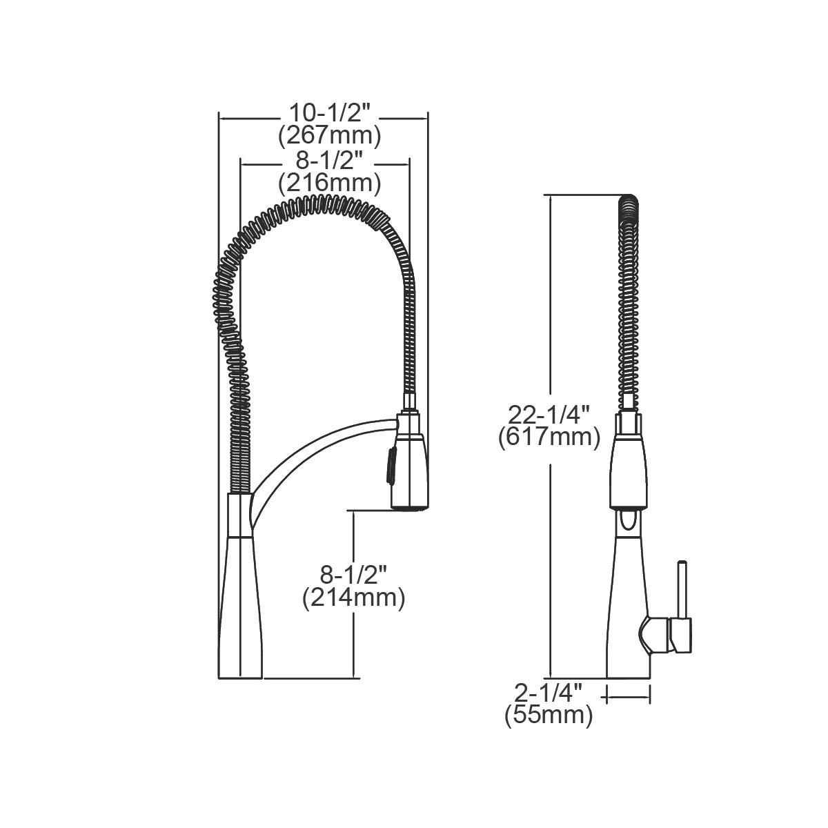 Chrome kitchen faucet with tall arched spout, flexible hose spray, and forward-only lever handle with dimensions labeled.
