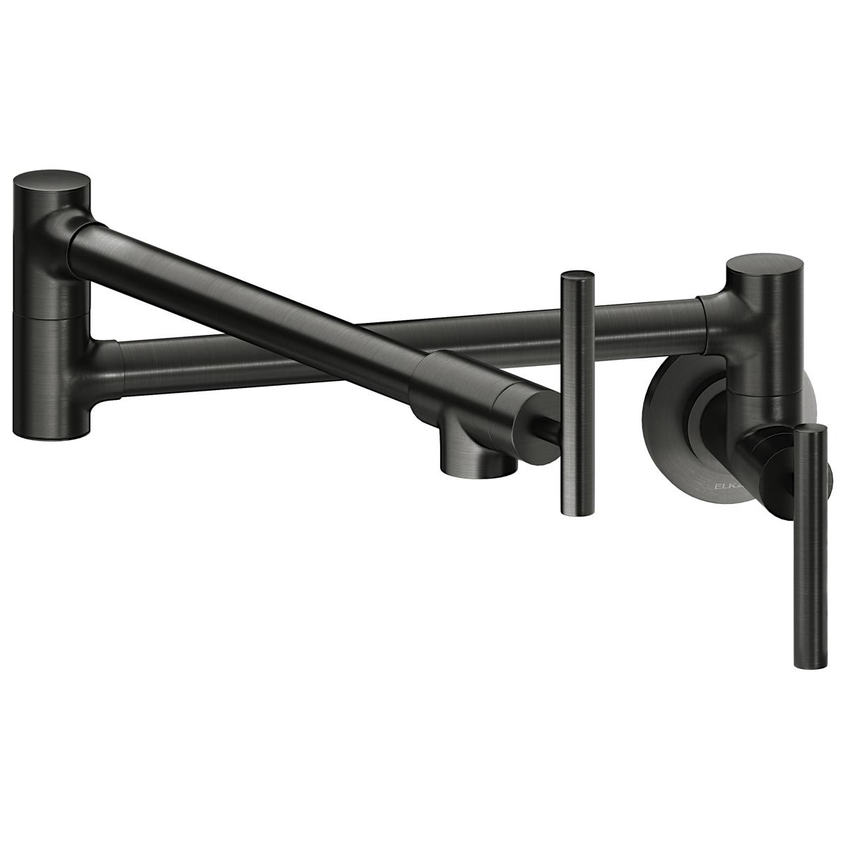 Black stainless steel wall-mount pot filler faucet with articulating spout and lever handle.