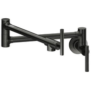 Black stainless steel wall-mount pot filler faucet with articulating spout and lever handle.