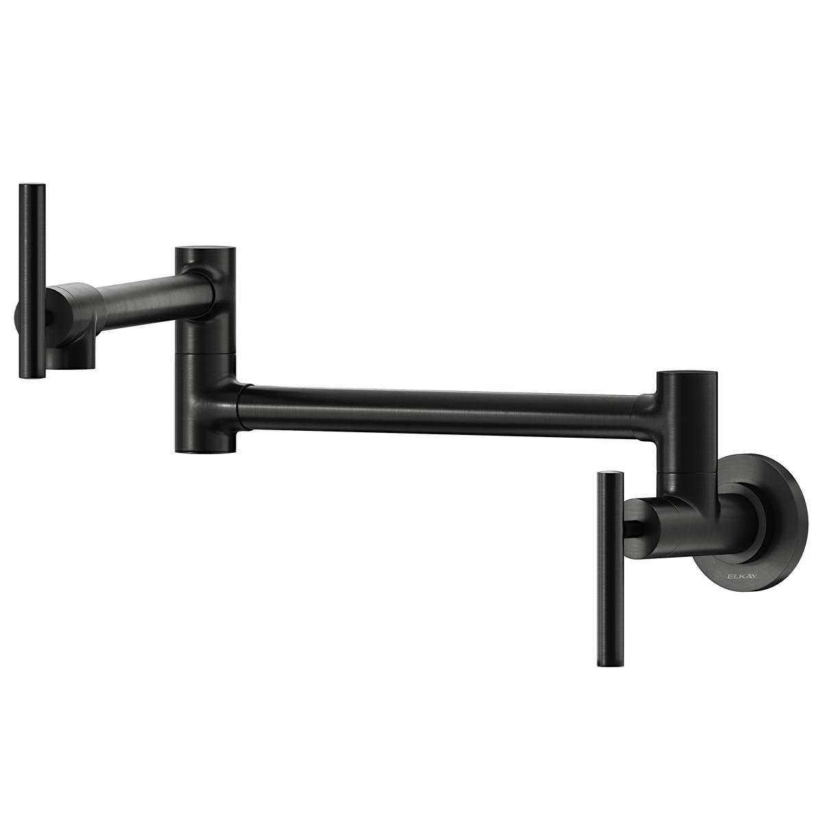 Black stainless steel wall-mounted pot filler faucet with dual lever handles and articulating arm.