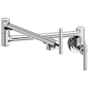 Chrome wall-mounted pot filler faucet with articulating arm and lever handles.