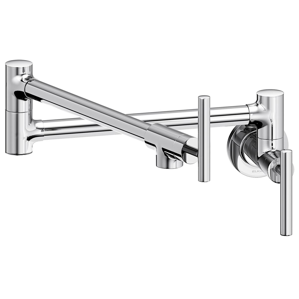 Chrome wall-mounted pot filler faucet with articulating arm and lever handles.