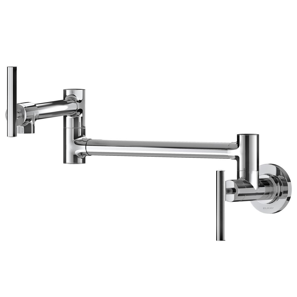 Chrome wall-mounted pot filler faucet with articulating spout and lever handles.