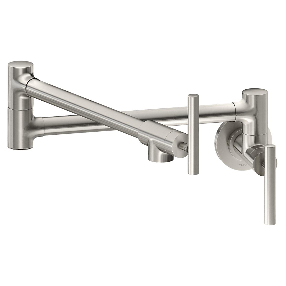 Lustrous steel wall-mounted pot filler faucet with articulating spout and dual lever handles.