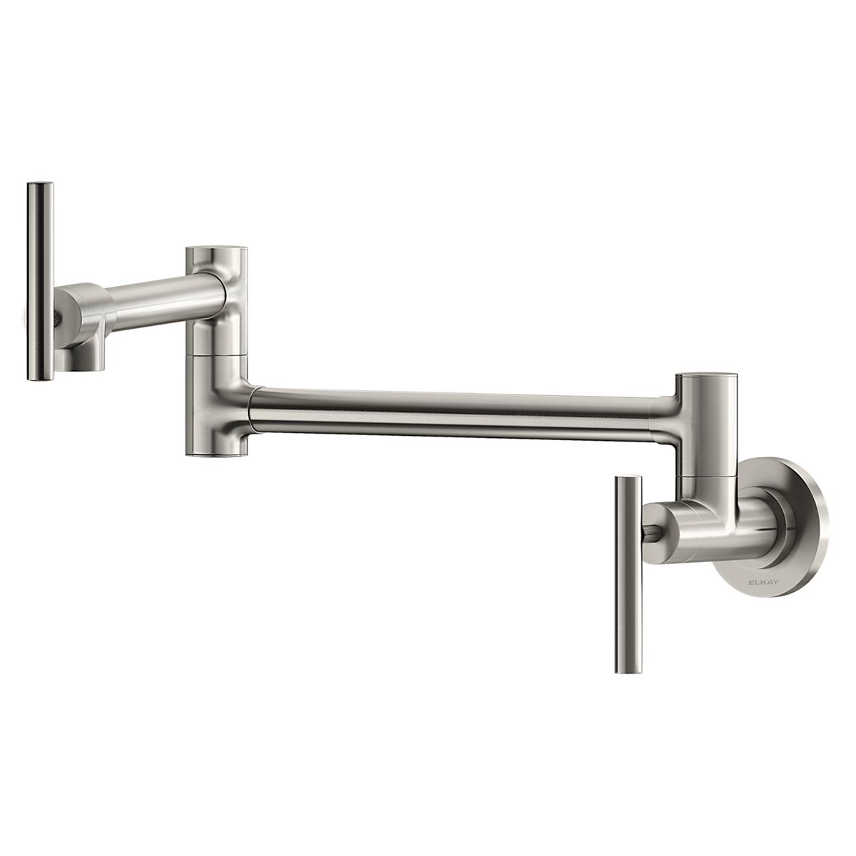 Brushed stainless steel wall-mounted pot filler faucet with articulating arm and lever handle.