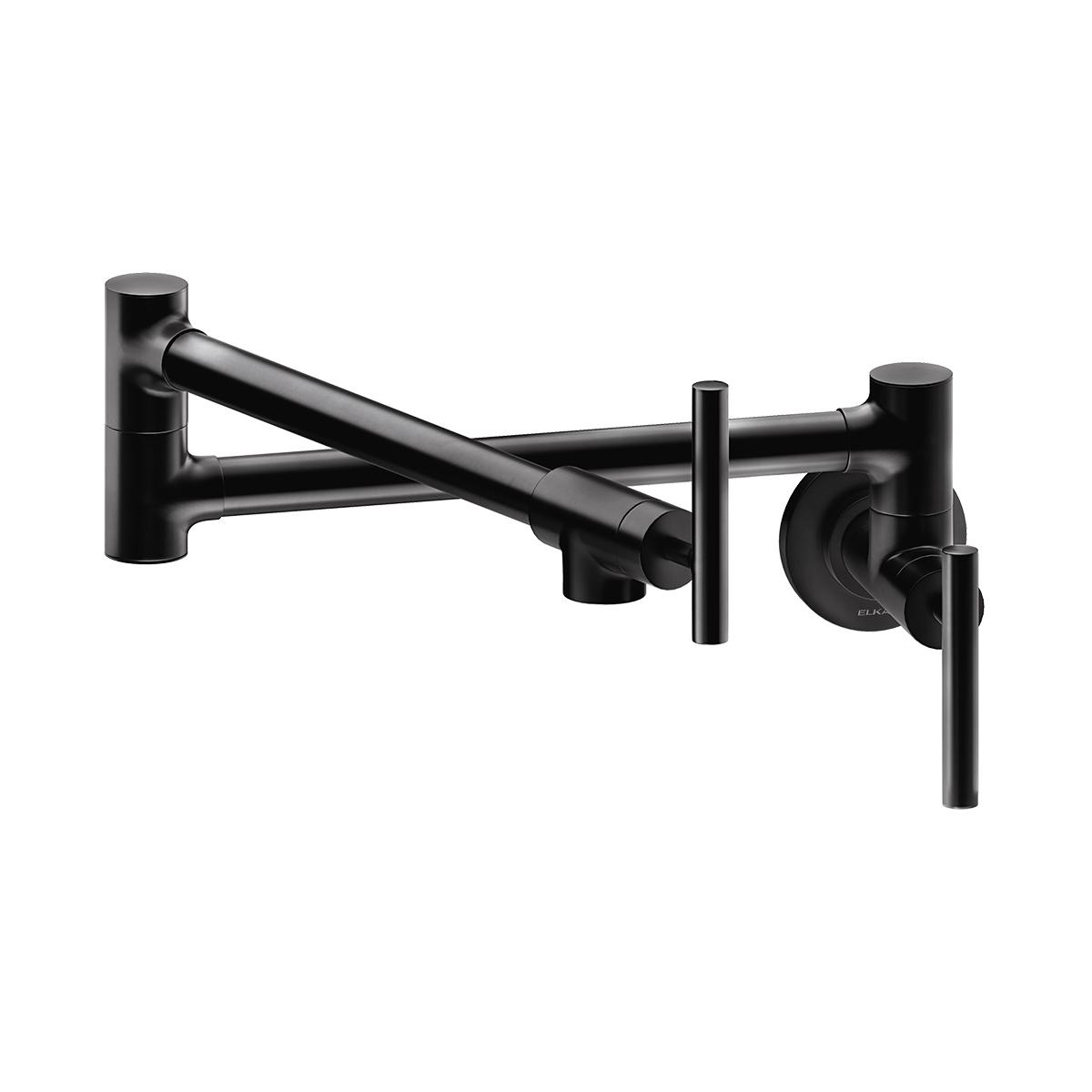 Matte black wall-mounted pot filler faucet with articulating arm and lever handle.