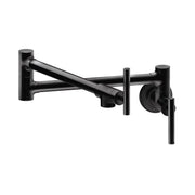 Matte black wall-mounted pot filler faucet with articulating arm and lever handle.